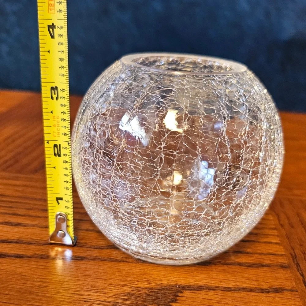 Clear Crackle Glass Globe Vase Votive Candle Holder Round 3.5 Inch Small Decor